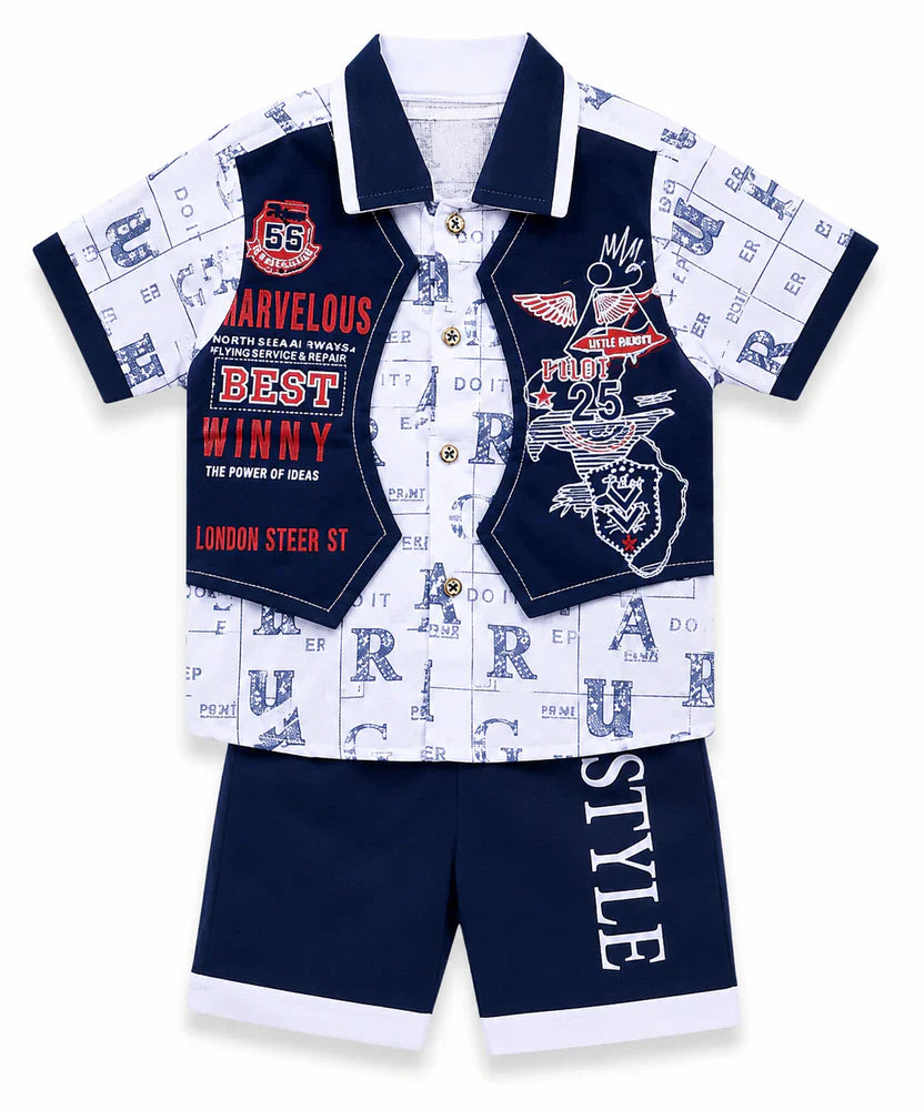 Kids Stylish 3-Piece Summer Outfit Set – Premium Cotton Shirt, Vest & Shorts