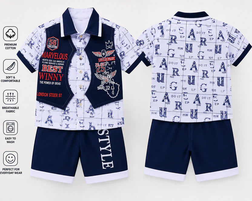Kids Stylish 3-Piece Summer Outfit Set – Premium Cotton Shirt, Vest & Shorts