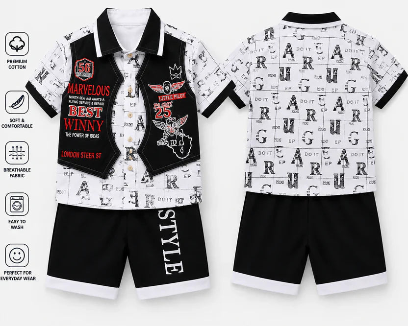 Kids Stylish 3-Piece Summer Outfit Set – Premium Cotton Shirt, Vest & Shorts