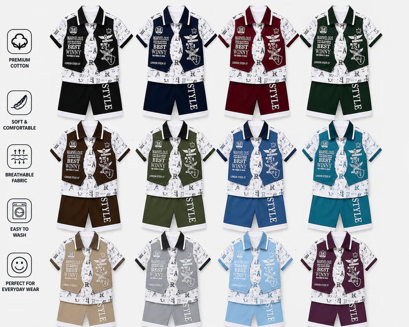 Kids Stylish 3-Piece Summer Outfit Set – Premium Cotton Shirt, Vest & Shorts