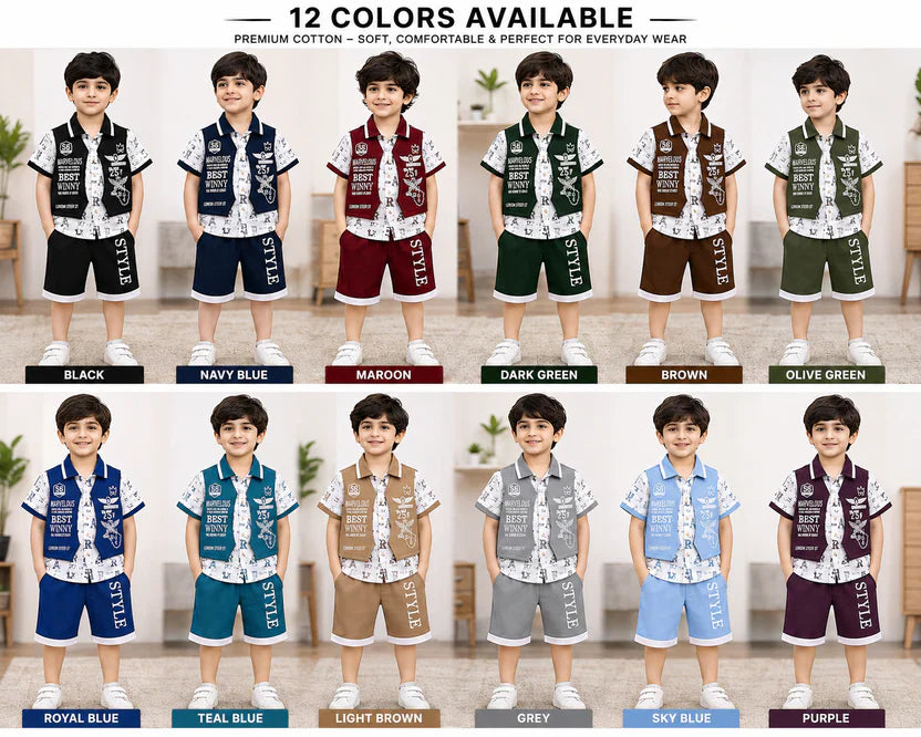 Kids Stylish 3-Piece Summer Outfit Set – Premium Cotton Shirt, Vest & Shorts