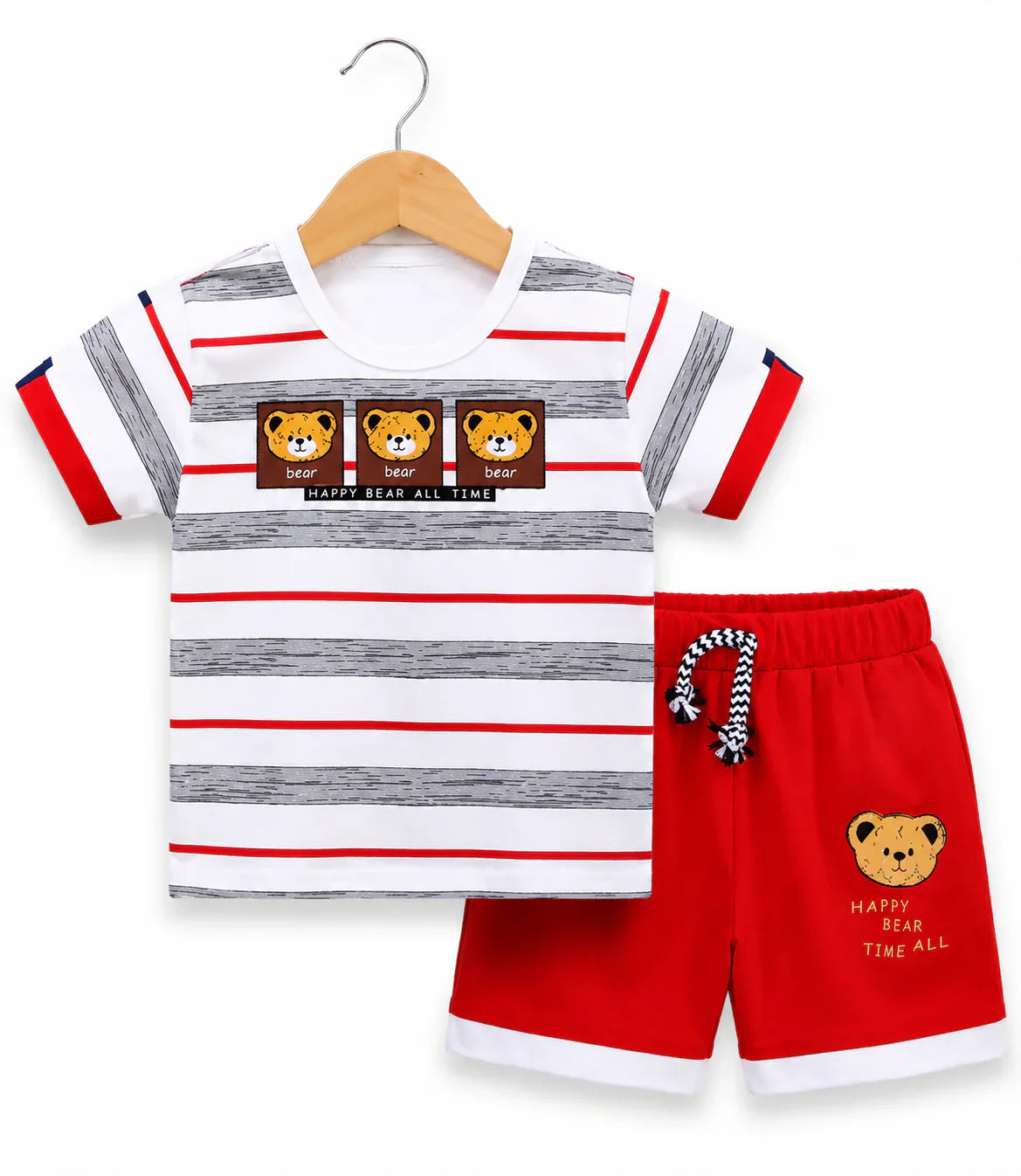 Kids Happy Bear Summer Outfit Set – Soft Cotton Striped T-Shirt & Shorts
