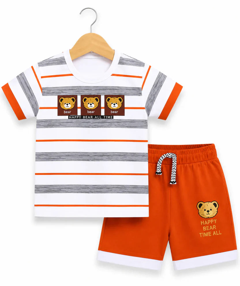 Kids Happy Bear Summer Outfit Set – Soft Cotton Striped T-Shirt & Shorts