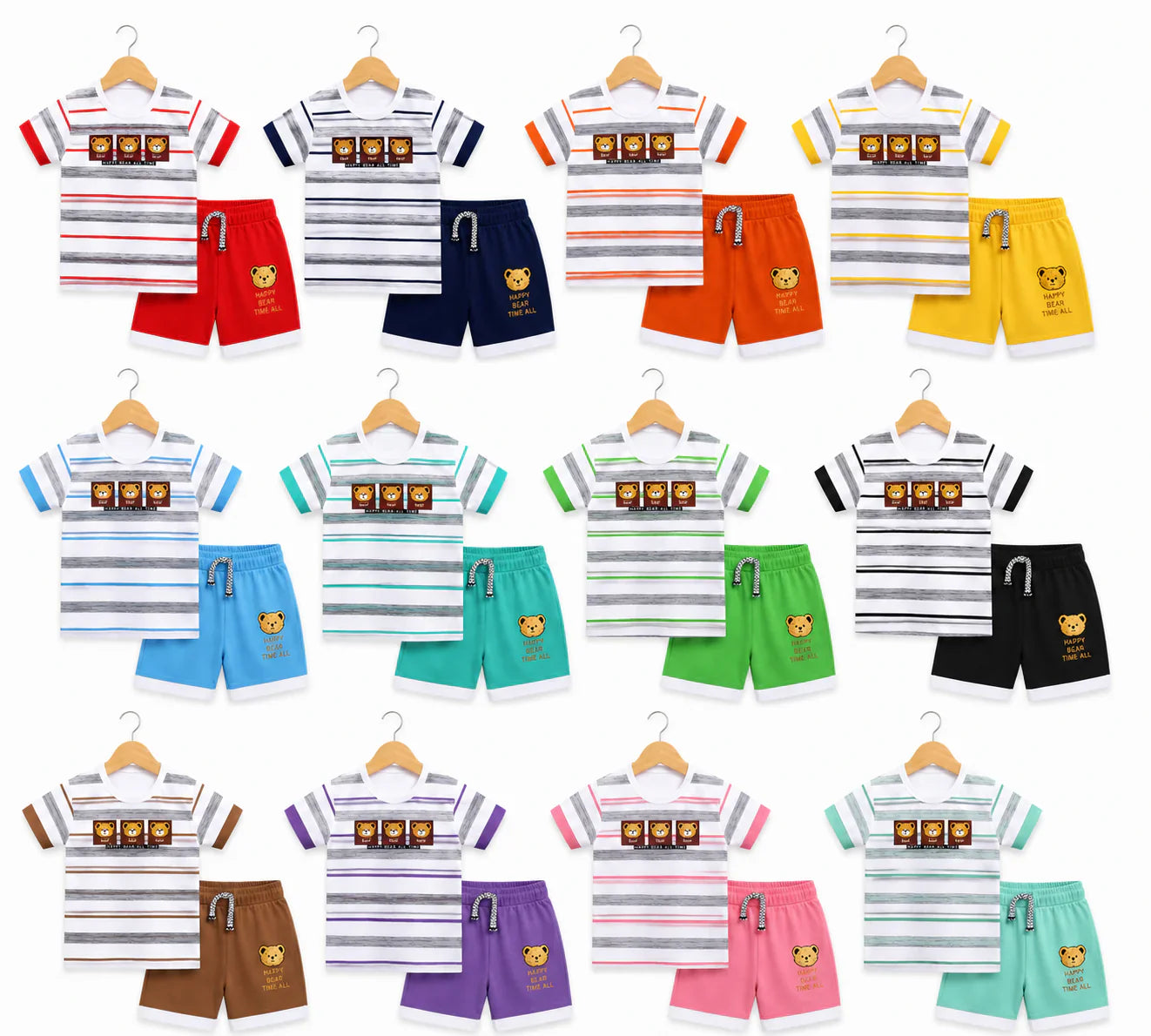 Kids Happy Bear Summer Outfit Set – Soft Cotton Striped T-Shirt & Shorts