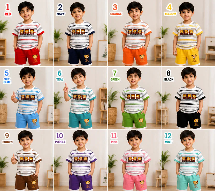 Kids Happy Bear Summer Outfit Set – Soft Cotton Striped T-Shirt & Shorts