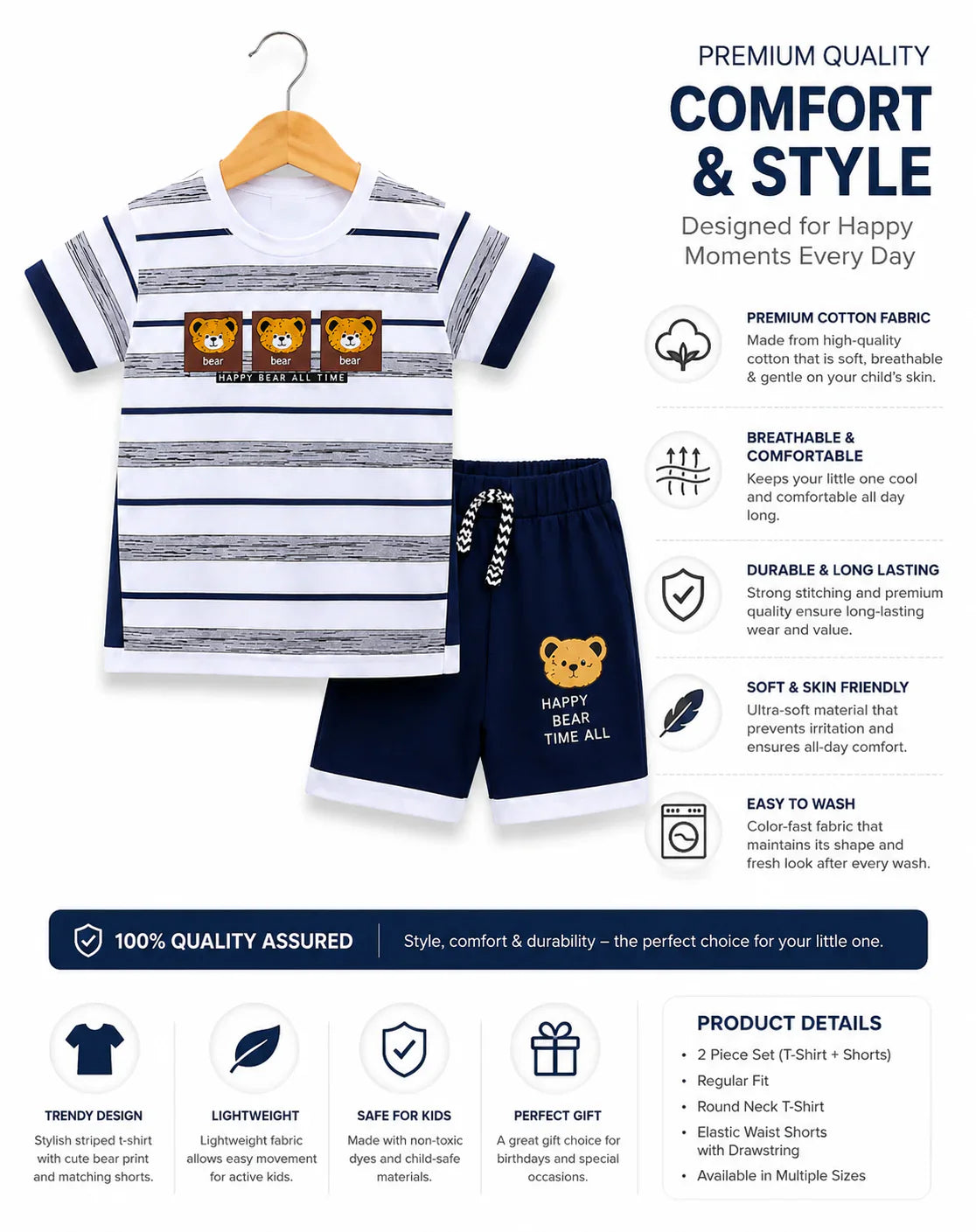 Kids Happy Bear Summer Outfit Set – Soft Cotton Striped T-Shirt & Shorts