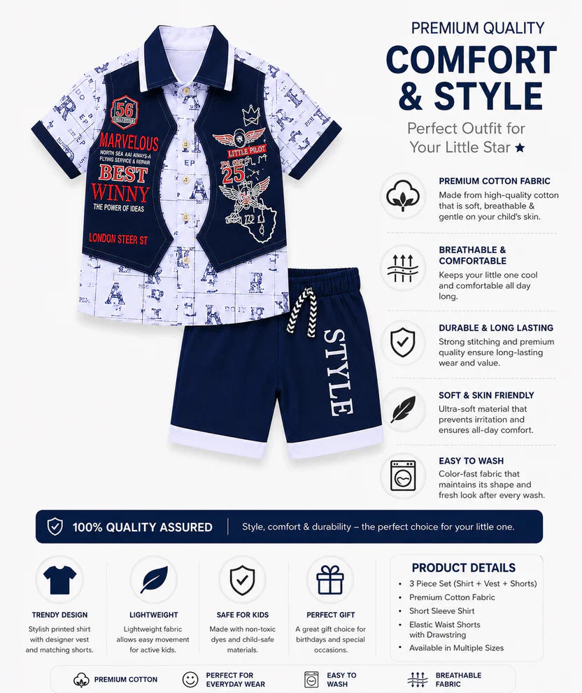 Kids Stylish 3-Piece Summer Outfit Set – Premium Cotton Shirt, Vest & Shorts
